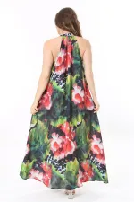 Kadın Büyük Beden Renkli Halter Yakalı Ön Patı Düğmeli Astarsız Krep Şifon Elbise 65N37986