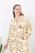 Kadın Büyük Beden Kemik Dokuma Viskon Kumaş Ön Pat Düğmeli Uzun Kollu Elbise 65N38730