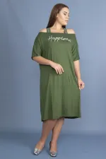 Kadın Haki Sim Detaylı Ön Baskılı Viskon Elbise 65N27473