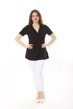 Kadın Büyük Beden Bordo Göğüs Büzgü Detaylı V Yakalı Kısa Kollu Bluz 65N37581