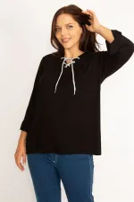 Kadın Bordo Yakası Kuşgözü Bağcık Detaylı Kol Ağzı Fırfır Büzgülü Bluz 65N34648