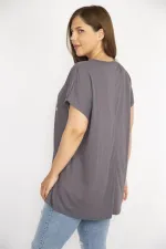 Kadın Füme Büyük Beden Lazer Kesim Ve Lak Baskı Detaylı Düşük Kollu Rahat Kesim Bluz