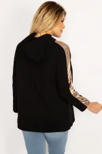 Women's Black Sleeves Gold Stripe Detailed Hooded Kangaroo Pocket Sweatshirt 65N34671