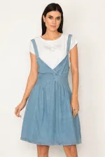 KADIN MAVİ ASKILI ANVELOP KOT ELBİSE