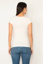 Kadın Kemik Taş Detaylı Düşük Yakalı Bluz