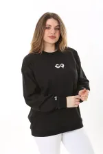 Kadın Büyük Beden Siyah Pamuk Kumaş Arka Baskılı Sweatshirt 65N37618