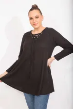 Kadın Antrasit Rahat Kesim Kaşkorse Kumaş Yakası Kuşgözü Bağcık Detaylı Uzun Tunik 65N35499