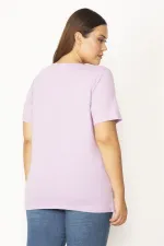 Kadın Lila Pamuklu Kumaş V Yakalı Kısa Kollu Bluz 65N29546