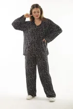 Kadın Büyük Beden Kemik Dokuma Viskon Kumaş Ön Fermuarlı Bluz Pantolon İkili Takım 65N37005