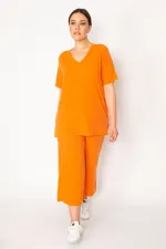 Kadın Fujya Kaşkorse Örme Beli Lastikli Geniş Paçalı Pantolon V Yakalı Bluz Takım 65N32939