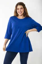 Kadın Büyük Beden Kemik Pamuklu Kumaş Pile Detaylı Kapri Kollu Bluz 65N37225