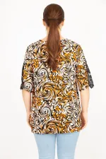 Kadın Mavi Büyük Beden Dokuma Viskon Kumaş Kolları Dantel Detaylı V Yakalı Bluz