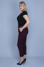 Kadın Bordo Arka Süs Flota Ve Yan Cepli Kemer Aksesuarlı Kumaş Pantolon 65N24040