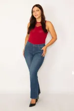 Kadın Lacivert Geniş Paça Likralı Kot Pantolon 65N34222