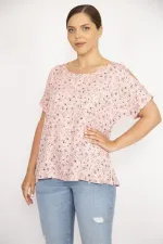 Kadın Pembe Büyük Beden Dokuma Viskon Kumaş Omuz Dekolteli Çiçek Desenli Bluz