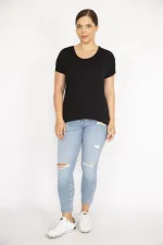 Kadın Siyah Büyük Beden Bisiklet Yakalı Kısa Kollu Arkası Uzun Bluz