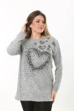 Kadın Büyük Beden Gri Önü Taş Detaylı Yün Viskon Bluz 65N37501
