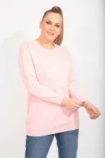 Kadın Pembe Pamuklu Kumaş Taş Ve Baskı Detaylı Sweatshirt 65N35482