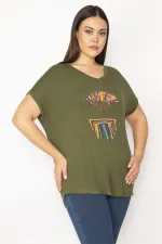 Kadın Haki Nakış Detaylı Düşük Kol Viskon Bluz 65N29506