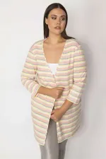 Kadın Kemik Pamuklu Kumaş Çizgili Hırka 65N29664