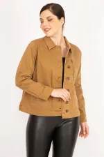 Women's Tan Plus Size Gabardine Fabric Front Button Zipper and Pocket Detailed Coat