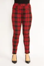 Kadın Kırmızı Ekose Desenli Süs Fermuar Cepli Tayt 65N34640
