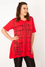 Kadın Kırmızı V Yaka Ön Baskılı Tunik 65N33343