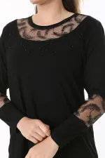 Kadın Büyük Beden Siyah Taş Ve Pul Payet Tül Detaylı Uzun Kollu Bluz 65N37693