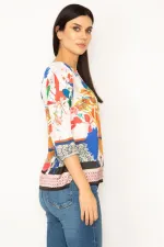 BLOUSE COLORÉE À COL RAS DU COU À MOTIF FLEURI POUR FEMME