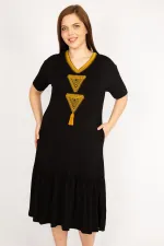 Kadın Saks Büyük Beden Nakış Detaylı V Yaka Yan Cepli Elbise
