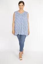 Kadın Mavi Büyük Beden V Yakalı Önü A Pile Çiçek Desenli Bluz