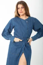 Kadın Lacivert Metal Düğmeli Anvelop Kot Elbise 65N37381