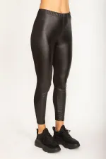 WOMEN'S BLACK FRONT ARTIFICIAL LEATHER COATING, BACK VISCOSE FABRIC LEGGINGS TROUSERS