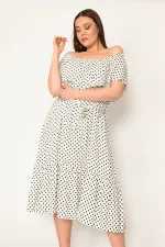 KADIN KEMİK PUAN DESEN YAKASI LASTİK VE VOLAN DETAYLI ETEĞİ KATLI DOKUMA VİSKON KUMAŞ ELBİSE