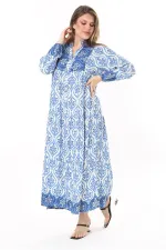 Kadın Büyük Beden Mavi Dokuma Viskon Kumaş Ön Düğmeli Uzun Elbise 65N37860