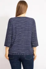 Kadın Lacivert Büyük Beden Pamuklu Kumaş Çizgi Kombinli Bluz 65N35571