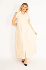 KADIN PUDRA  ETEĞİ VE KOL AĞZI PİLİSE DETAYLI ÖN DÜĞMELİ ELBİSE