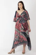 KADIN RENKLİ ŞİFON KUMAŞ ASTARLI UZUN ELBİSE