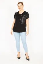 Kadın Siyah Büyük Beden Taş Ve Suni Deri Garnili Düşük Kollu Bluz
