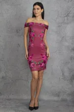 KADIN BORDO OMUZ DETAYLI ÇİÇEK DESENLİ ELBİSE