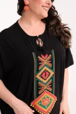 Kadın Büyük Beden Siyah, Nakış Rahat Kesim Elbise 65N39441