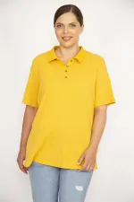 Kadın Hardal Büyük Beden Polo Yaka Ön Pat Düğmeli Kaşkorse Kumaş Kısa Kollu Bluz