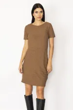 WOMEN'S BROWN SELF-STRIPED DRESS WITH POCKETS