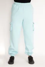 Kadın Mavi İçi Şardonlu 3 İplik Kargo Cepli Eşofman Alt 65N35097