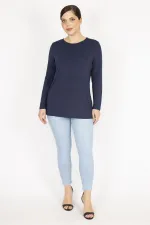 Kadın Lacivert Büyük Beden Bisiklet Yakalı Arka Fermuar Detaylı Bluz