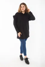 Kadın Büyük Beden Siyah İçi Şardonlu Üç İplik Kol Detaylı Kapşonlu Sweatshirt 65N37299