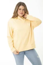 Kadın Büyük Beden Sarı Arka Ve Göğüs Baskılı İki İplik Kapşonlu Sweatshirt 65N37164
