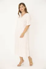 Kadın Büyük Beden Pembe Yakası Dantel Detaylı Çizgi Kombinli Elbise 65N36787