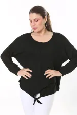 Kadın Büyük Beden Saks Önden Bağlamalı Uzun Kollu Bluz 65N37695