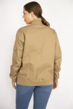 Women's Camel Plus Size Front Zippered Pocket Detailed Unlined Coat